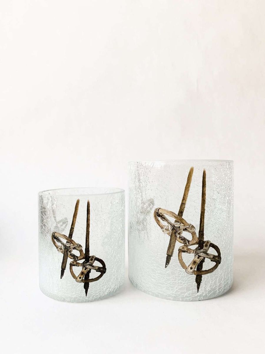 Lysglass frostet og krakelert skistav, 9x10 cm